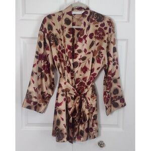 Vintage Victoria's Secret Heart Label Y2K Floral Print Satin Robe Gold Red Brown